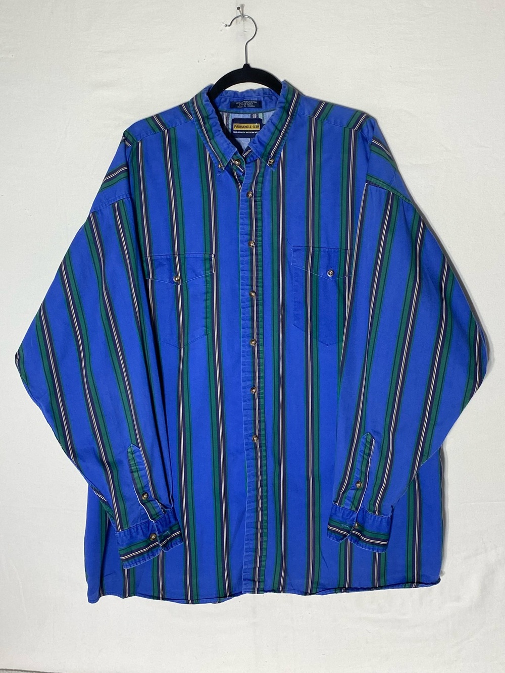 Vintage Panhandle Slim Blue Green Striped Cotton Long Sleeve Button Up Shirt XXL